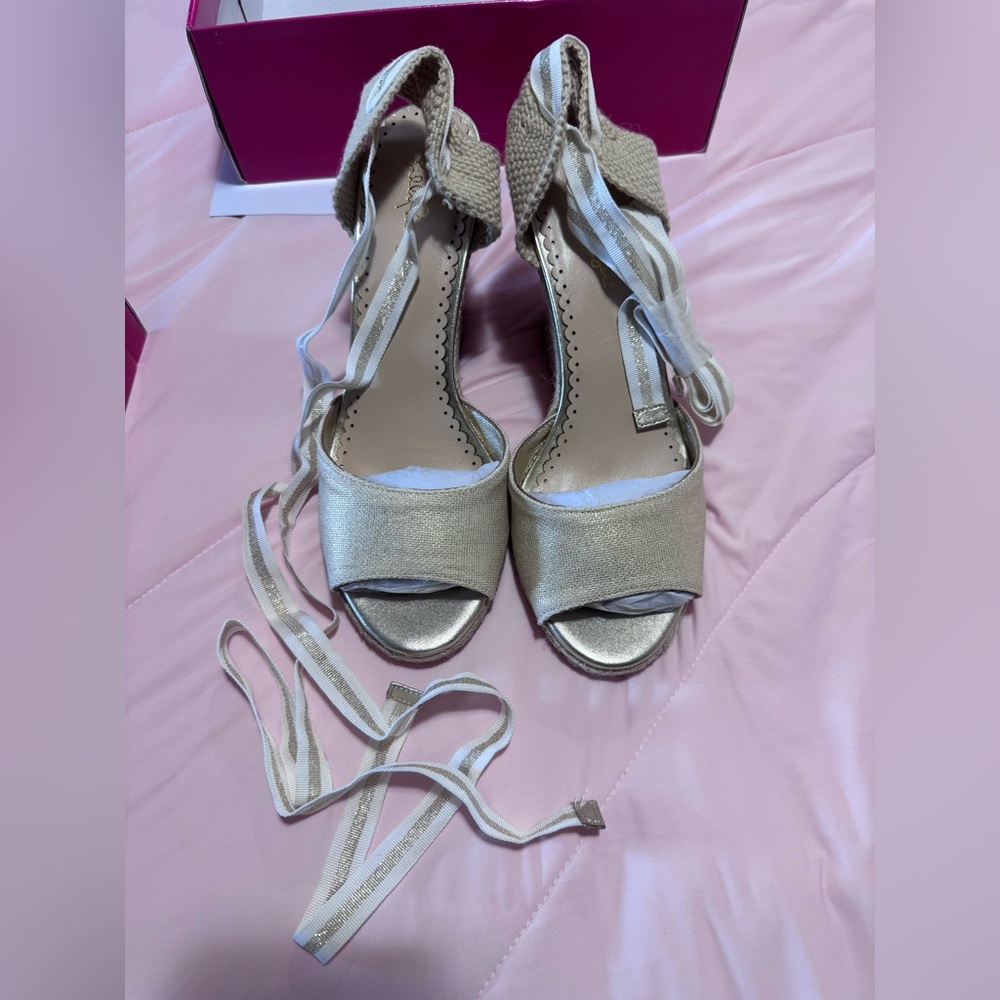 Lily Pulitzer - Gold Glitter Wedge with lace up straps